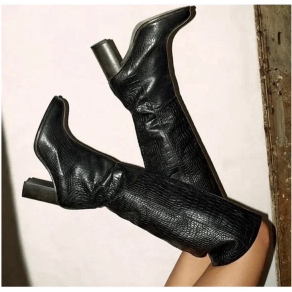 New Free People Grayson Tall Boot Leather Croc Print Black 37.5 - Picture 3 of 16